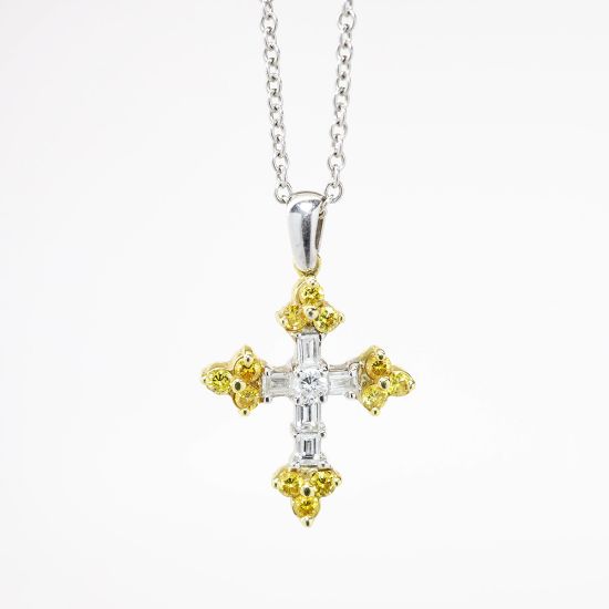 Picture of 18k Two-Tone Gold with Colorless & Yellow Diamonds Cross Pendant 