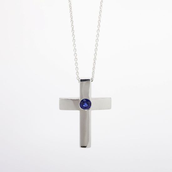 Picture of Platinum & Blue Sapphire Solitaire Cross Pendant Necklace