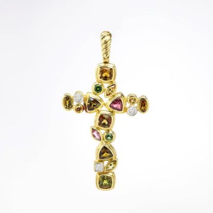 Picture of 18k Yellow Gold, Multi-Colored Tourmaline and Diamond Cross Pendant