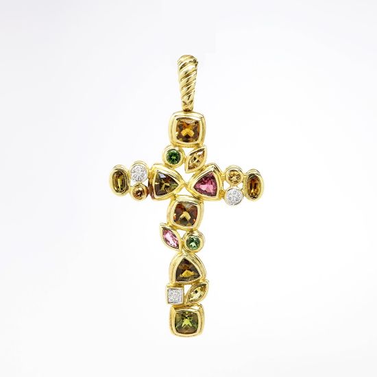 Picture of 18k Yellow Gold, Multi-Colored Tourmaline and Diamond Cross Pendant