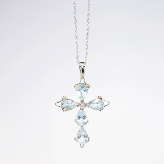 Picture of 10k White Gold, Blue Topaz & Diamond Cross Pendant Necklace