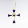 Picture of 14k Yellow Gold, Cobalt Enamel, Diamond, Pearl & Sapphire Renaissance Revival Cross Pendant Necklace