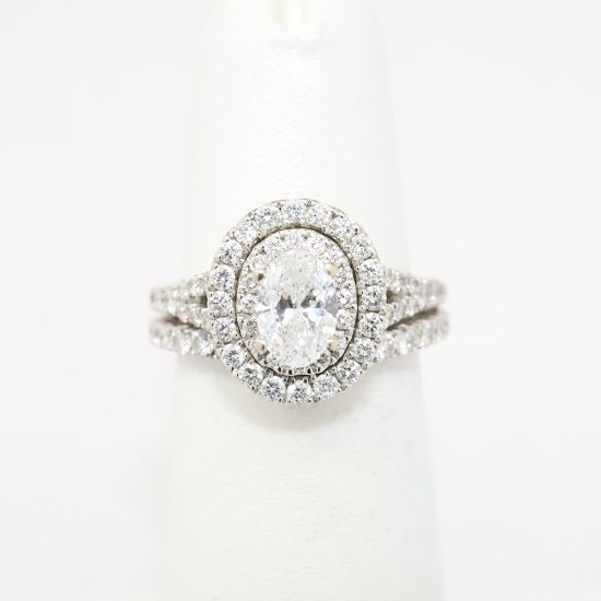 Picture of 14k White Gold & Oval Cut Diamond Solitaire with Halo Bridal Ring Set 