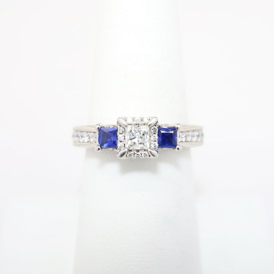 Picture of 14k White Gold Square Cut Diamond Ring with Blue Sapphire Accents