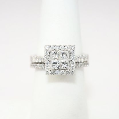 Picture of 14k White Gold Square & Round Cut Diamond Cluster Bridal Ring Set