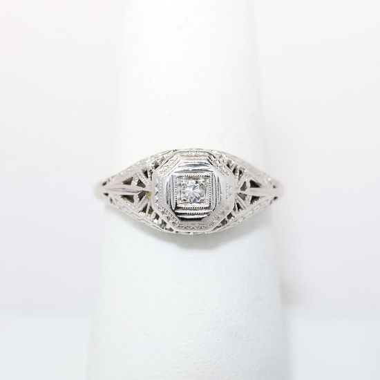 Picture of Antique Art Deco Era 14k White Gold Filigree & Diamond Engagement Ring