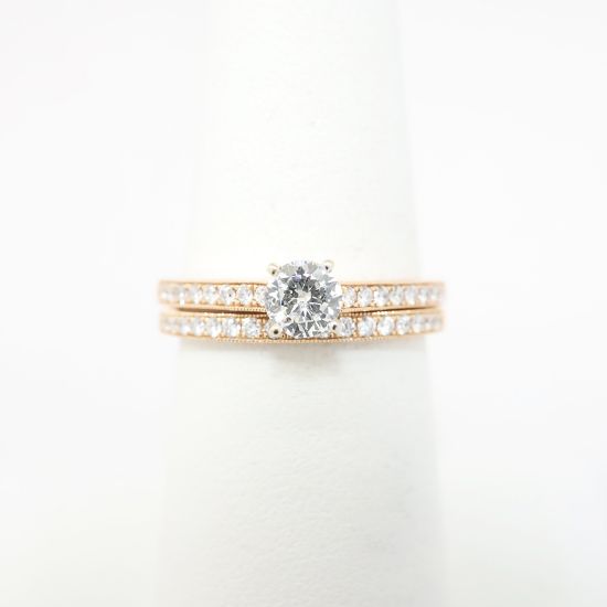 Picture of 14k Rose Gold Diamond Solitaire Bridal Ring Set with Milgrain Detailing