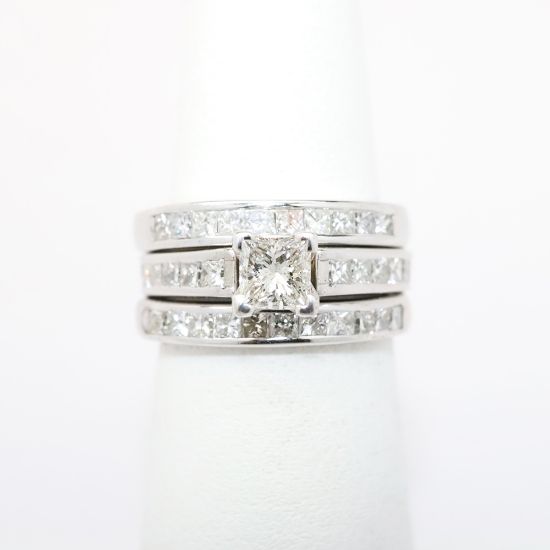 Picture of 14k White Gold Square Cut Diamond Solitaire Ring with Two Matching Bands