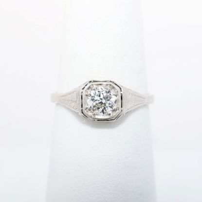 Picture of Antique Early Art Deco Etched 14k White Gold & Old European Cut Diamond Solitaire Ring