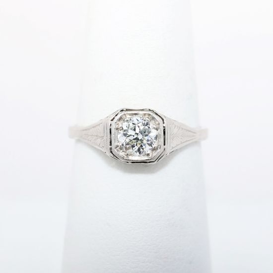 Picture of Antique Early Art Deco Etched 14k White Gold & Old European Cut Diamond Solitaire Ring