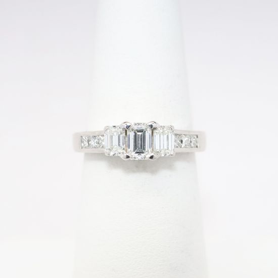 Picture of 14k White Gold & Triple Emerald Cut Diamond Ring with Square Cut Diamond Accents