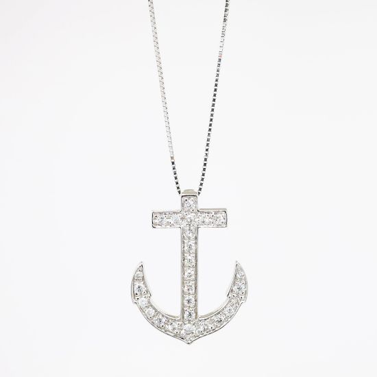 Picture of 14k White Gold & Diamond Anchor Pendant Necklace 