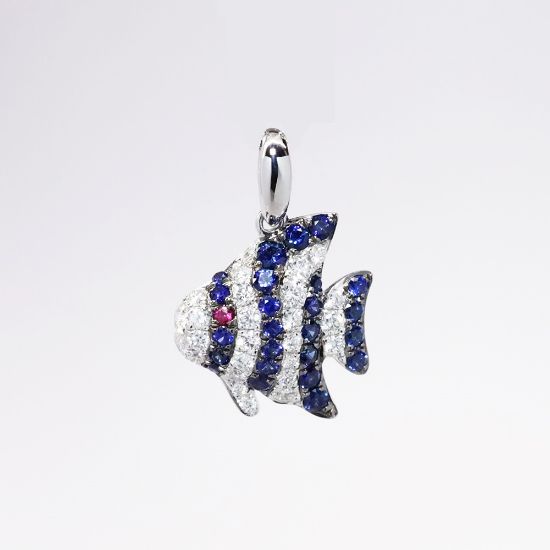 Picture of 14k White Gold, Sapphire, Diamond & Ruby Angelfish Pendant