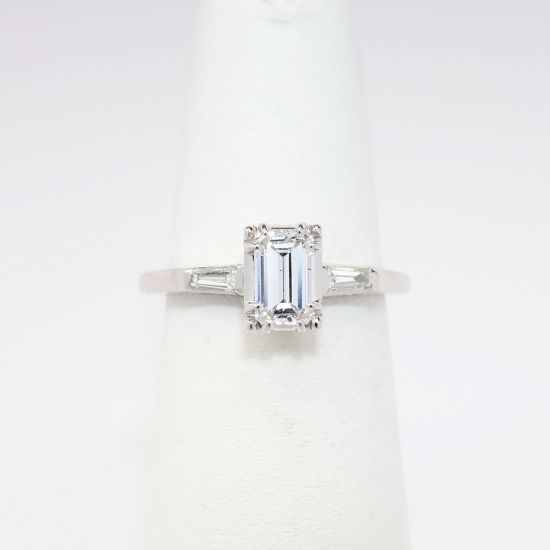 Picture of 14k White Gold Emerald Cut Diamond Engagement Ring with Baguette Cut Diamond Accents