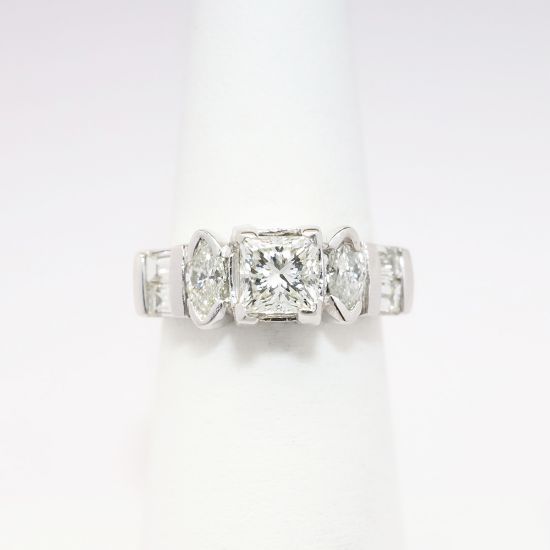 Picture of 14k White Gold & Square Cut Diamond Ring with Marquise & Baguette Cut Accents