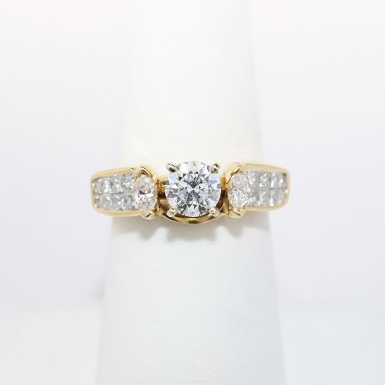 Picture of 14k Yellow Gold Round Brilliant Cut Diamond Solitaire Ring with Marquis & Square Cut Ring Enhancer