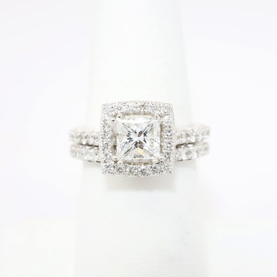 Picture of 14k White Gold & Square Brilliant Cut Diamond Halo Bridal Ring Set