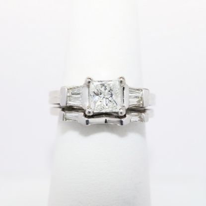 Picture of 14k White Gold Square Cut Diamond Solitaire Bridal Ring Set with Baguette Cut Accents