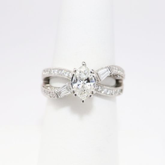 Picture of 18k White Gold & Marquise Cut Diamond Ring with Baguette & Round Cut Accents