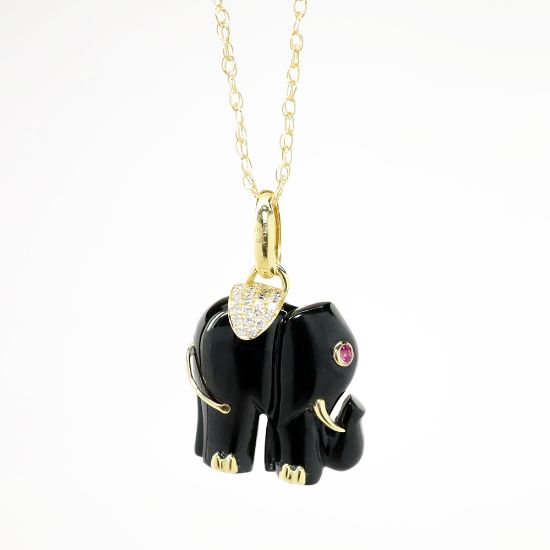 Picture of 18k Yellow Gold & Carved Black Jade Elephant Pendant Necklace with Diamond & Ruby Accents