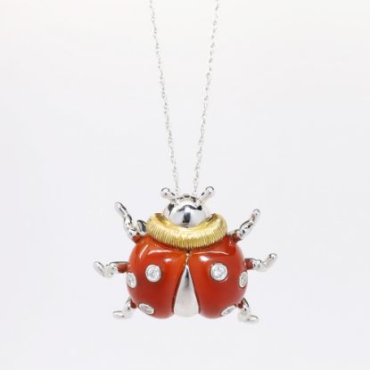 Picture of 18k Two-Tone Gold & Carved Orange Agate Carved Ladybug Pendant Necklace with Diamond Spots