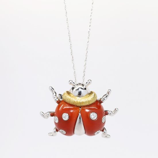 Picture of 18k Two-Tone Gold & Carved Orange Agate Carved Ladybug Pendant Necklace with Diamond Spots