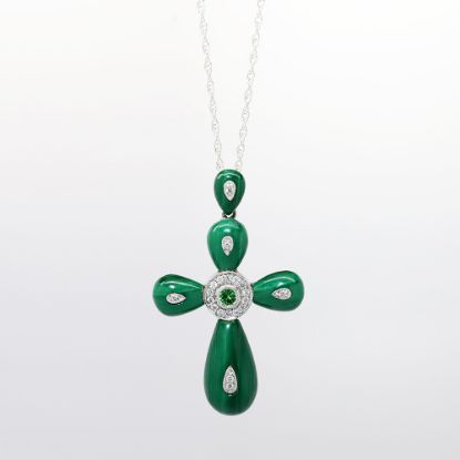 Picture of 18k White Gold, Carved Malachite, Diamond & Green Garnet Cross Pendant Necklace