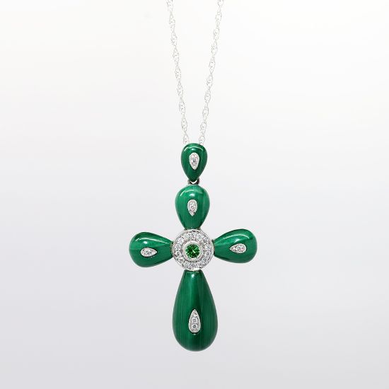 Picture of 18k White Gold, Carved Malachite, Diamond & Green Garnet Cross Pendant Necklace