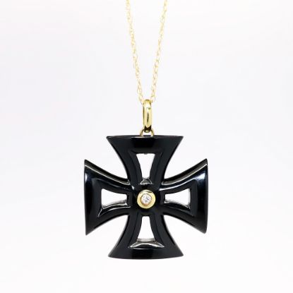 Picture of 18k Yellow Gold & Carved Black Agate Maltese Cross Pendant Necklace with Diamond Accent