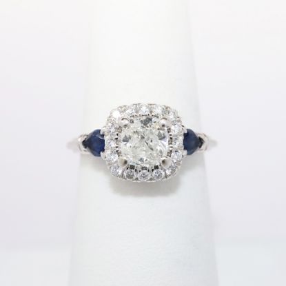 Picture of 18k White Gold & Cushion Cut Diamond Halo Ring with Blue Sapphire Accents