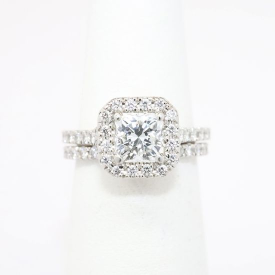 Picture of Platinum & 1.08ct Square Brilliant Cut Diamond Halo Bridal Set