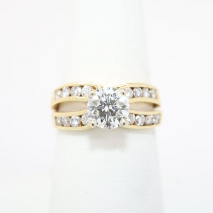 Picture of 14k Yellow Gold & Round Brilliant Cut Diamond Solitaire Ring with Split, Channel Set Diamond Band