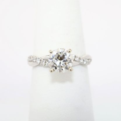 Picture of 14k White Gold & Round Brilliant Cut Diamond Solitaire Ring with Diamond Accented Twisting Band