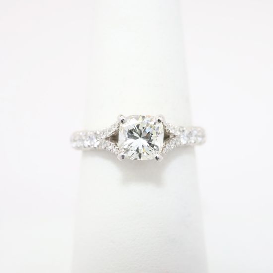 Picture of 14k White Gold & Square Cushion Cut Diamond Solitaire Ring with Diamond Encrusted Band