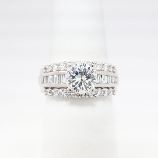 Picture of 14k White Gold & GIA Certified Round Brilliant Cut Diamond Ring with Round & Baguette Cut Accents