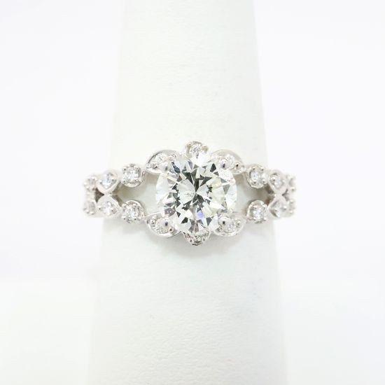 Picture of 14k White Gold & Round Brilliant Cut Diamond Solitaire Ring with Split, Diamond Accented Band