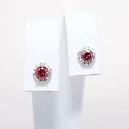 Picture of 14k White Gold & Round Brilliant Cut Red Diamond Solitaire Earrings with Halo