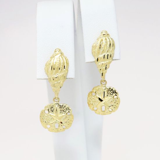 Picture of 14k Yellow Gold Seashells & Sand Dollars Drop Earrings