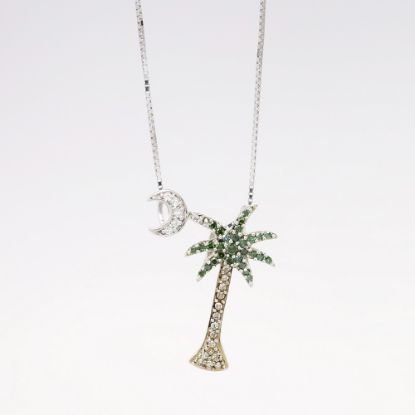 Picture of 14k White Gold, Green, Brown & Colorless Diamond Palm Tree & Moon Pendant Necklace 