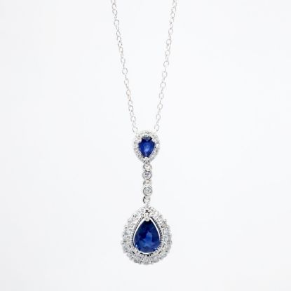 Picture of 14k White Gold & Pear Cut Sapphire Drop Pendant Necklace with Diamond Halos