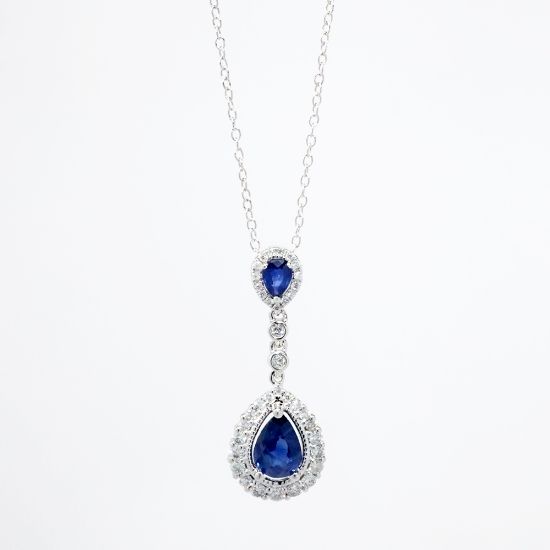 Picture of 14k White Gold & Pear Cut Sapphire Drop Pendant Necklace with Diamond Halos