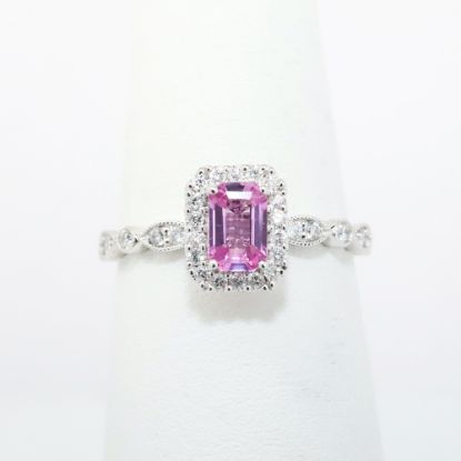 Picture of 14k White Gold & Emerald Cut Pink Sapphire Ring with Diamond Halo