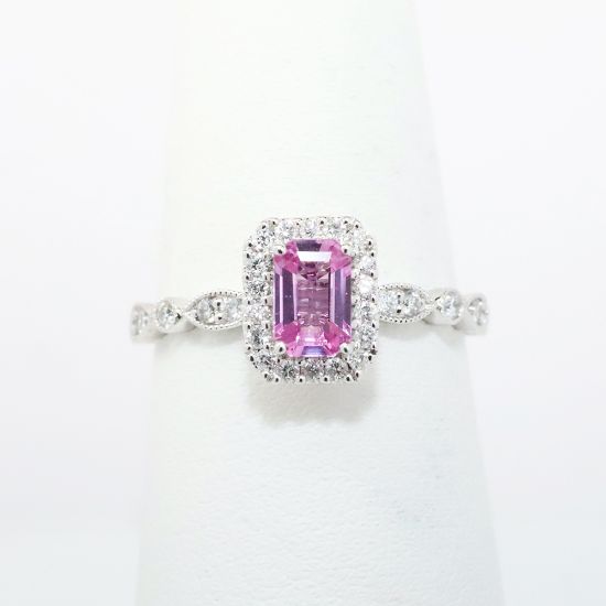 Picture of 14k White Gold & Emerald Cut Pink Sapphire Ring with Diamond Halo