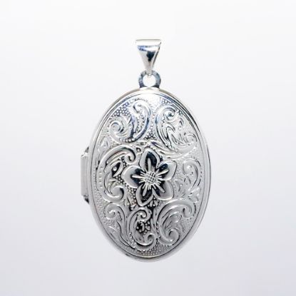 Picture of 14k White Gold Oval Locket with Etched Flower & Scroll Details