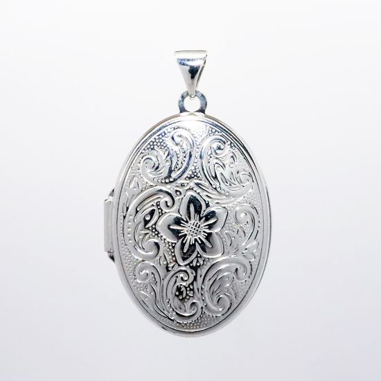 Picture of 14k White Gold Oval Locket with Etched Flower & Scroll Details