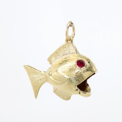 Picture of 14k Yellow Gold Open Mouthed Fish Charm with Ruby Eyes