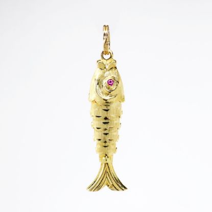 Picture of 14k Yellow Gold Articulated Fish Charm with Pink Sapphire Eyes