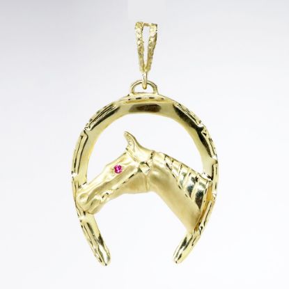 Picture of 14k Yellow Gold Horseshoe with Horse Head Pendant with Pink Sapphire Eye