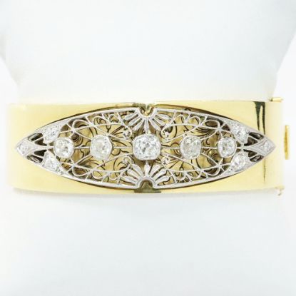 Picture of Vintage Inspired Yellow Gold Bangle Bracelet with Applied Platinum Filigree & Old Mine Cut Diamond Details