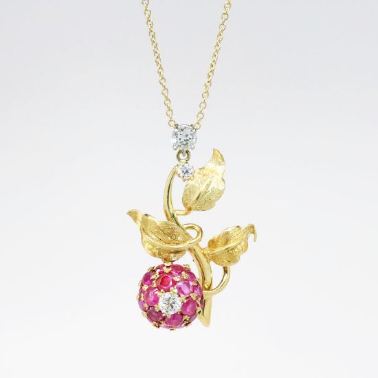 Picture of Mid Century 18k Yellow Gold, Burmese Ruby & Diamond Flower Pendant Necklace